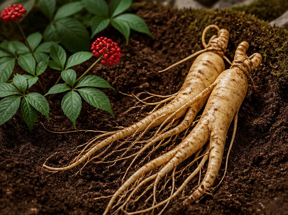 Korean ginseng roots with fine rootlets beside ginseng leaves and red berries in dark soil