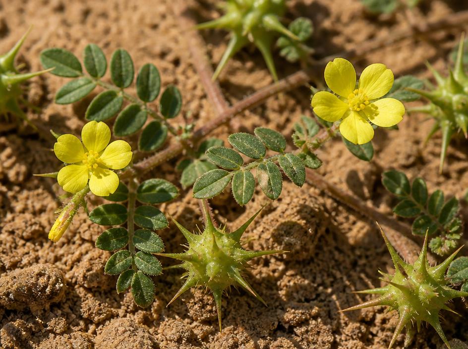 Tribulus terrestris vine with yellow flowers and spiky seed pods growing on dry soil