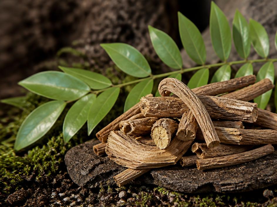 Dried Tongkat Ali root pieces beside green Eurycoma longifolia leaves on dark earth