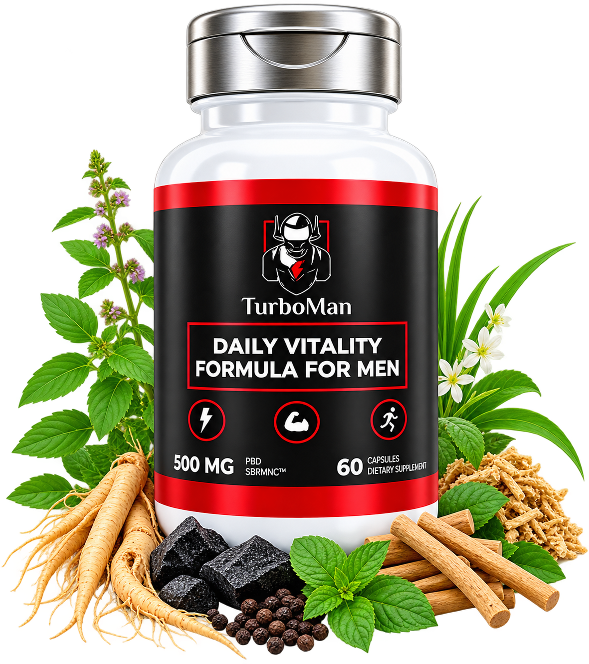 TurboMan Daily Vitality Formula for Men, 500 mg, 60 capsules bottle surrounded by fresh botanical ingredients
