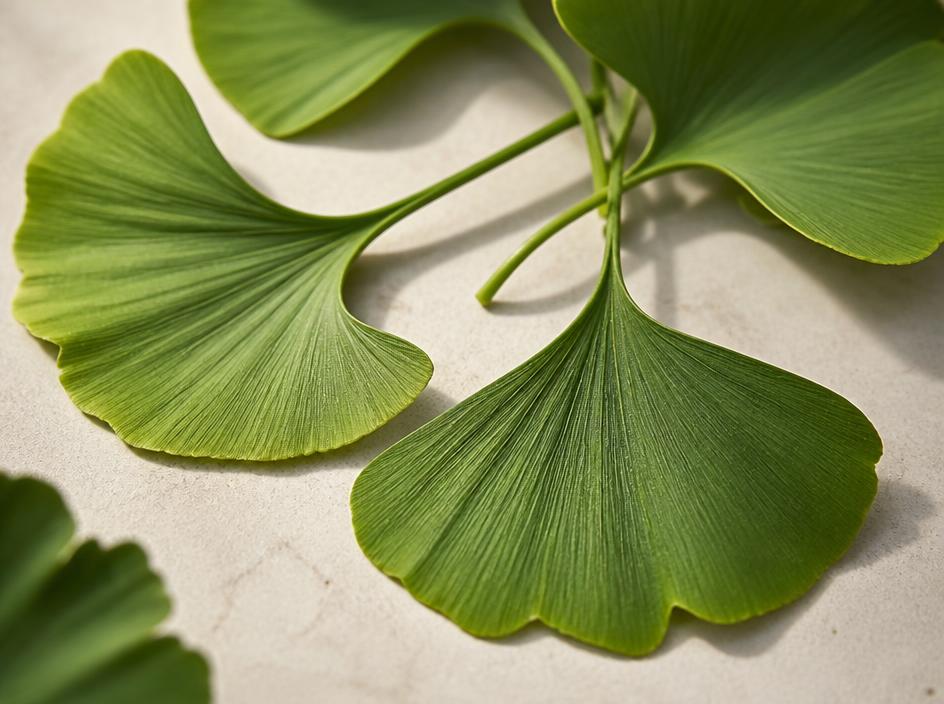 Fan-shaped ginkgo biloba leaves with fine radiating veins on a pale stone surface